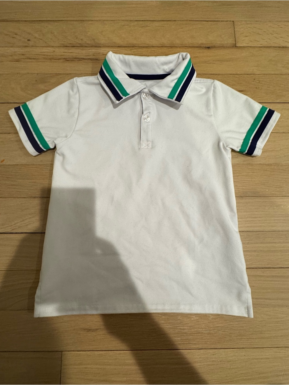 Classic Prep Toddler White Polo Shirt with Green & Navy Stripe Trim